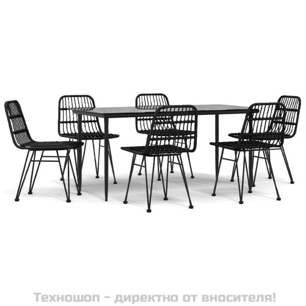 Градински трапезен комплект от 7 части, черно, полиратан