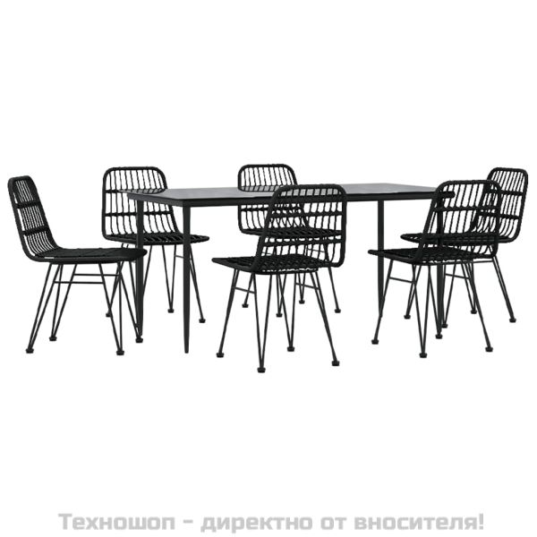 Градински трапезен комплект от 7 части, черно, полиратан
