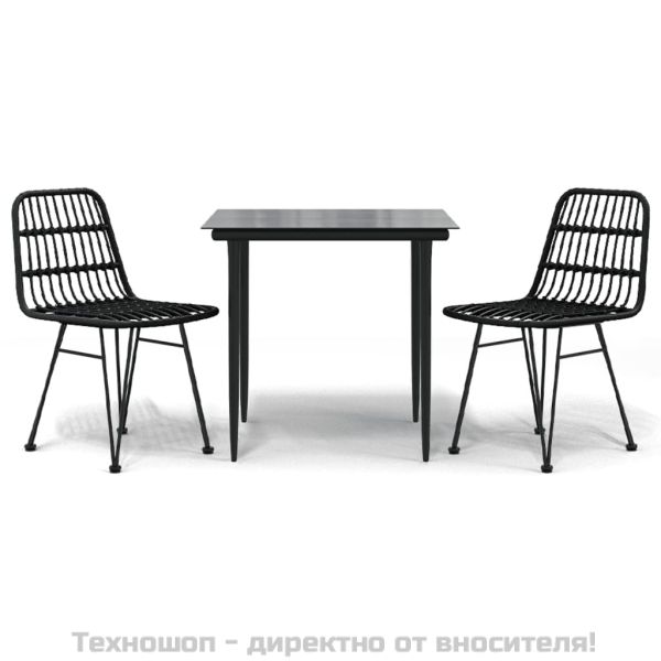 Градински трапезен комплект, 3 части, черен, полиратан