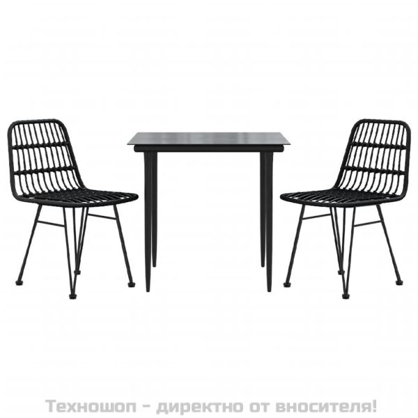 Градински трапезен комплект, 3 части, черен, полиратан