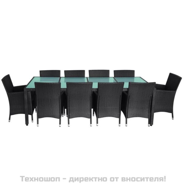 Градински комплект с възглавници, 11 части, черен полиратан