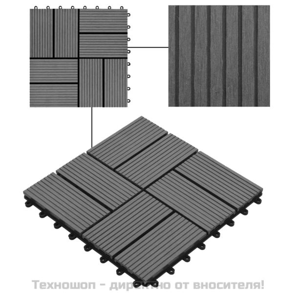 11 бр декинг плочки, WPC, 30x30 см, 1 кв.м., сиви