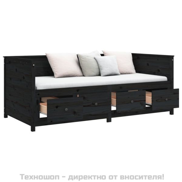 Дневно легло, черно, борово дърво масив, 90x200 см
