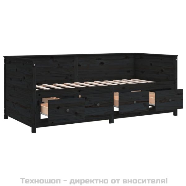 Дневно легло, черно, борово дърво масив, 90x200 см