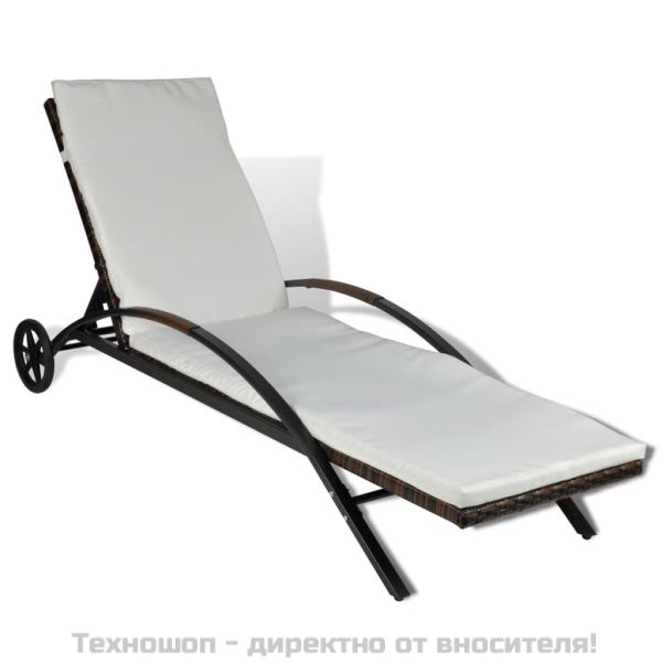 Шезлонг с шалте и колелца, кафяв полиратан