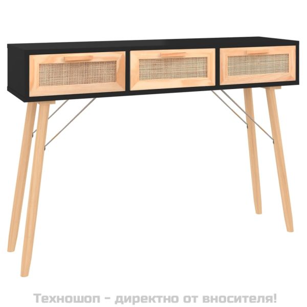 Конзолна маса, черна, 105x30x75 см, бор масив и естествен ратан