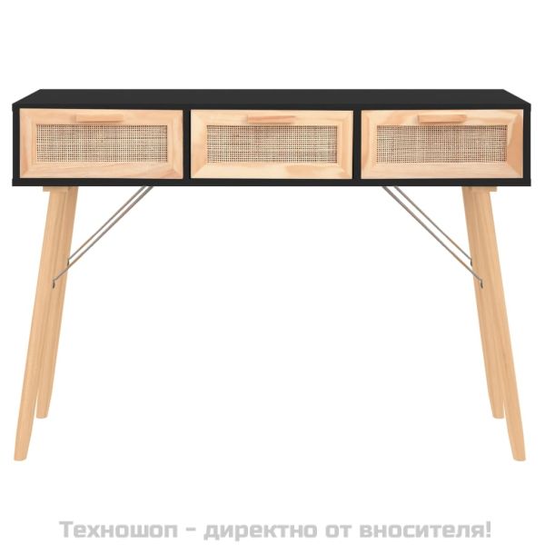 Конзолна маса, черна, 105x30x75 см, бор масив и естествен ратан
