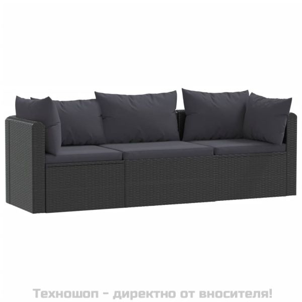 Градински комплект с възглавници, 3 части, полиратан, черен