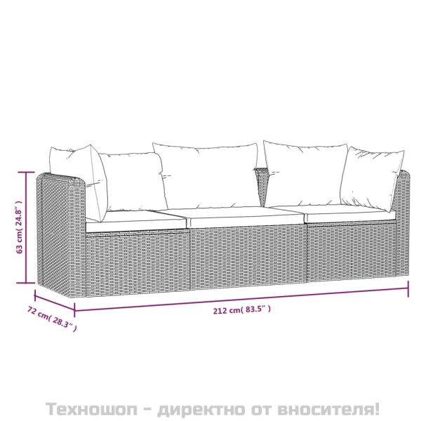 Градински комплект с възглавници, 3 части, полиратан, черен