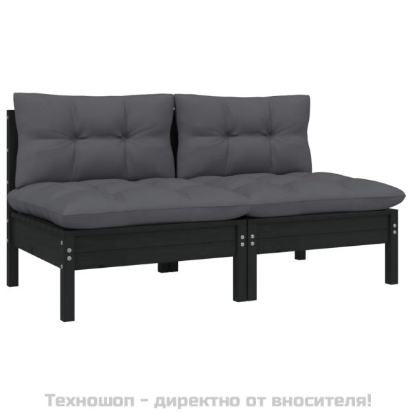 2-местен градински диван с възглавници, черен, бор масив