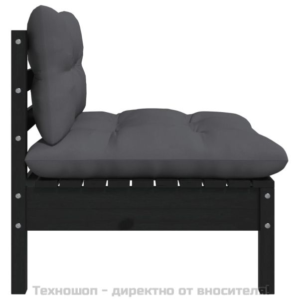 2-местен градински диван с възглавници, черен, бор масив