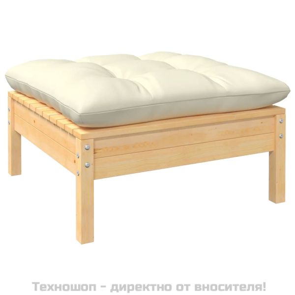 2-местен градински диван с кремави възглавници, бор масив