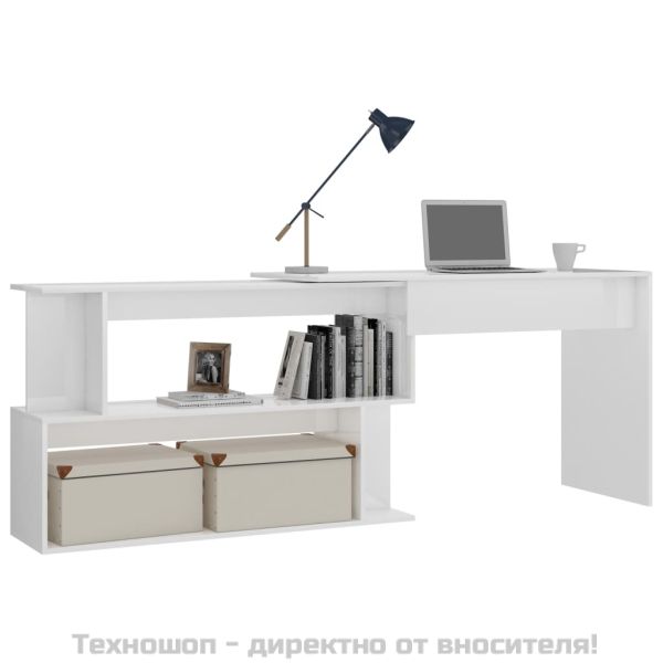 Ъглово бюро, бял гланц, 200x50x76 см, инженерно дърво