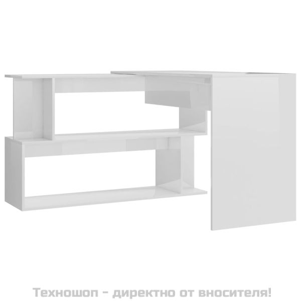 Ъглово бюро, бял гланц, 200x50x76 см, инженерно дърво