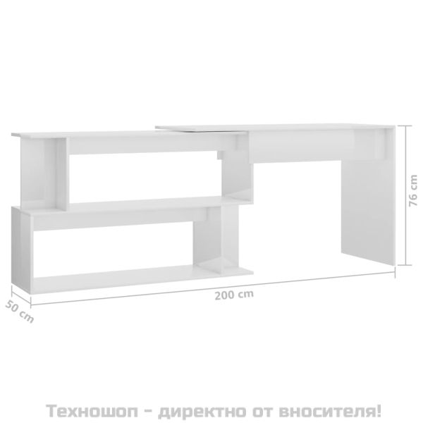 Ъглово бюро, бял гланц, 200x50x76 см, инженерно дърво