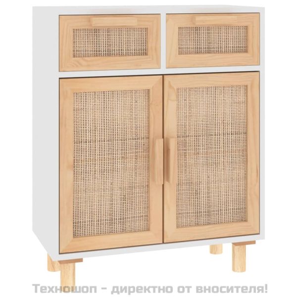 Сайдборд, бял, 60x30x75 см, бор масив и естествен ратан