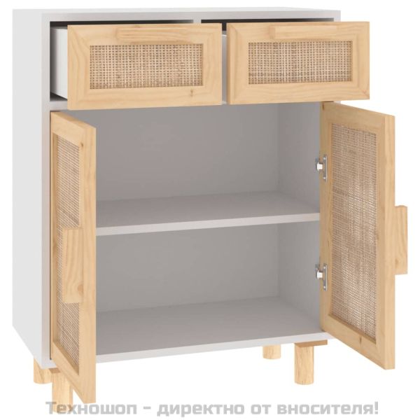 Сайдборд, бял, 60x30x75 см, бор масив и естествен ратан