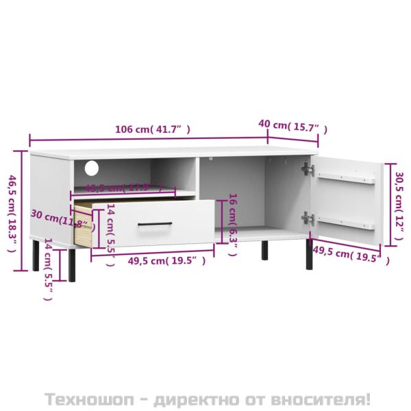 ТВ шкаф с метални крака бял бор масив OSLO