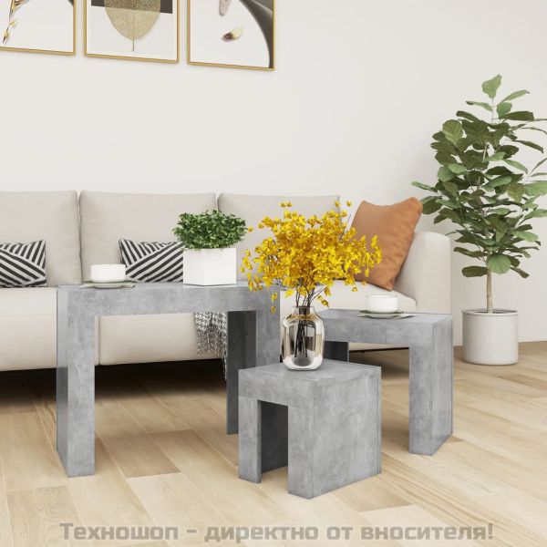 Стифиращи масички за кафе, 3 бр, бетонно сиви, инженерно дърво