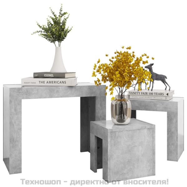 Стифиращи масички за кафе, 3 бр, бетонно сиви, инженерно дърво