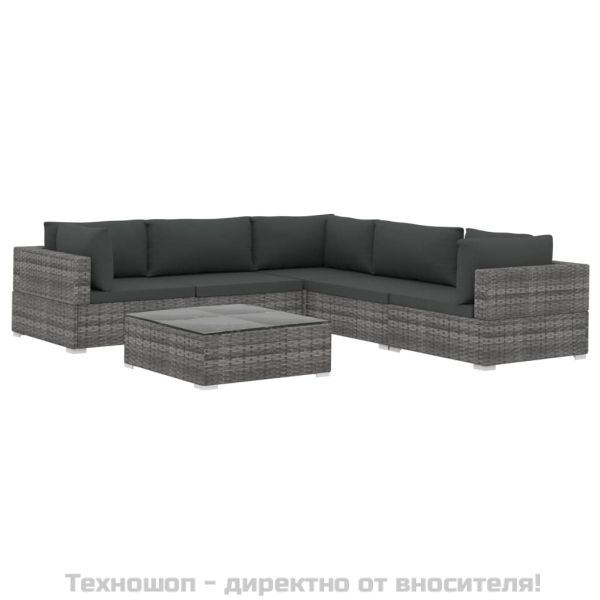 Градински комплект с възглавници, 6 части, полиратан, сив