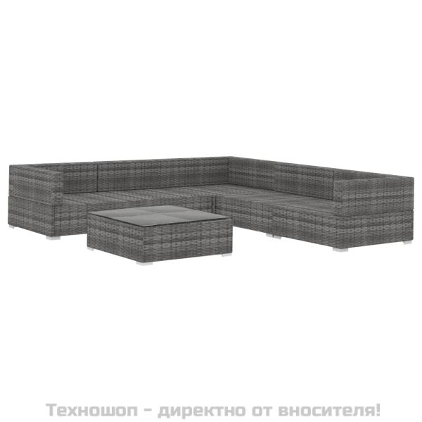 Градински комплект с възглавници, 6 части, полиратан, сив