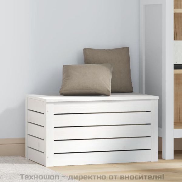 Кутия за съхранение, бяла, 59,5x36,5x33 см, борово дърво масив