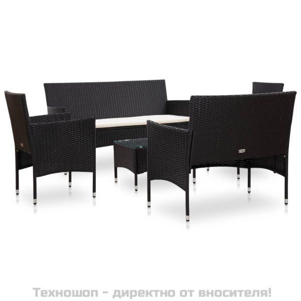 Градински комплект с възглавници, 5 части, полиратан, черен