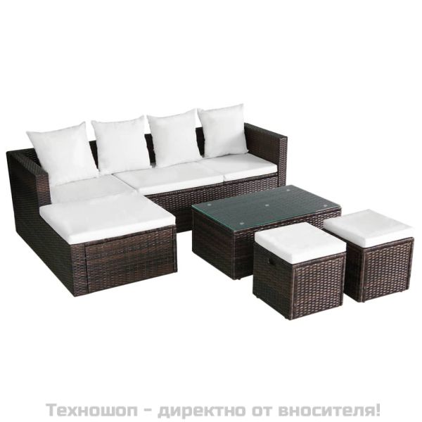 Градински комплект с възглавници, 4 части, кафяв полиратан