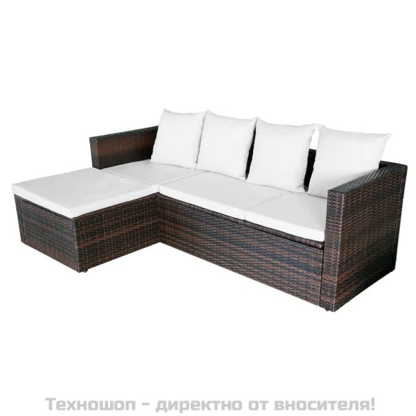 Градински комплект с възглавници, 4 части, кафяв полиратан