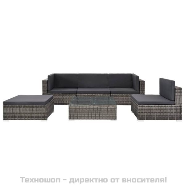 Градински комплект с възглавници, 6 части, полиратан, сив