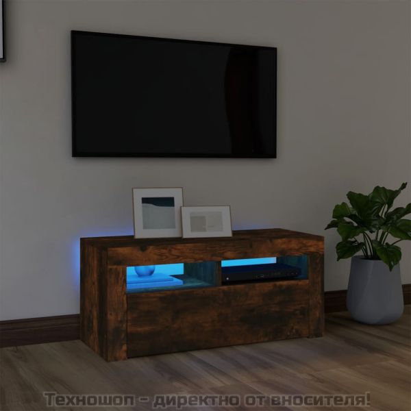 ТВ шкаф с LED осветление, опушен дъб, 90x35x40 см