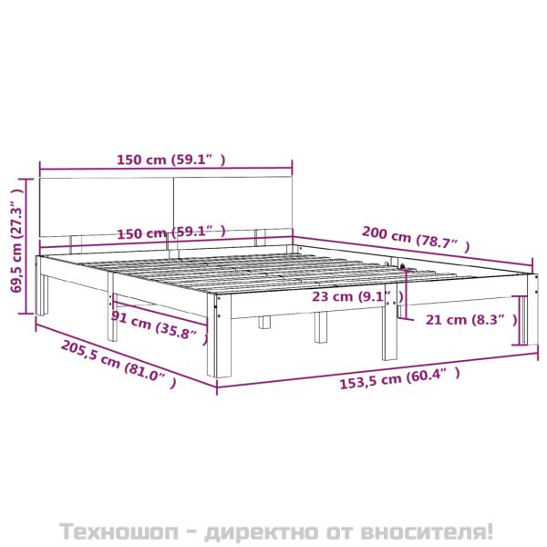 Рамка за легло, бяла, дърво масив, 150x200 cм, King Size