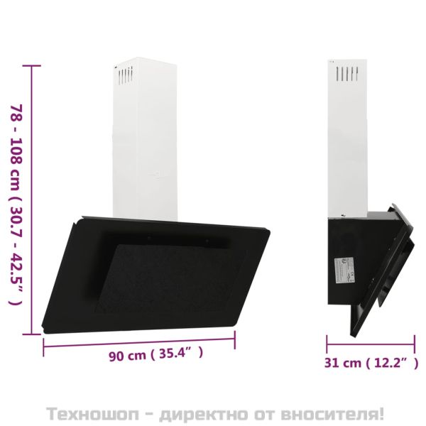 Стенен абсорбатор, 90 см, инокс и закалено стъкло, черен