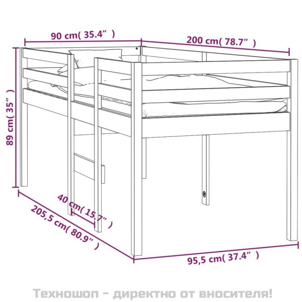 Високо легло, 90x200 см, борово дърво масив