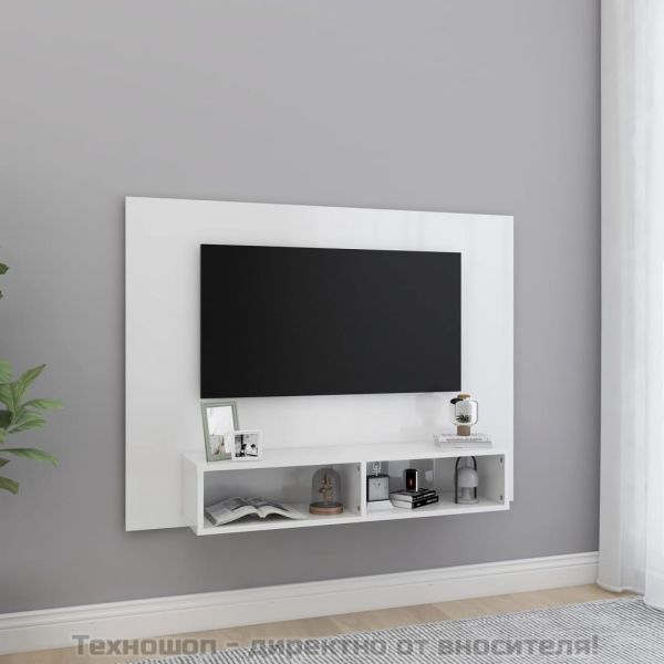Стенен ТВ шкаф, бял гланц, 120x23,5x90 см, инженерно дърво
