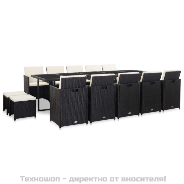 Градински комплект с възглавници, 15 части, черен полиратан