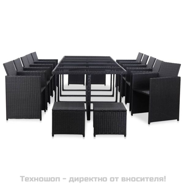 Градински комплект с възглавници, 15 части, черен полиратан