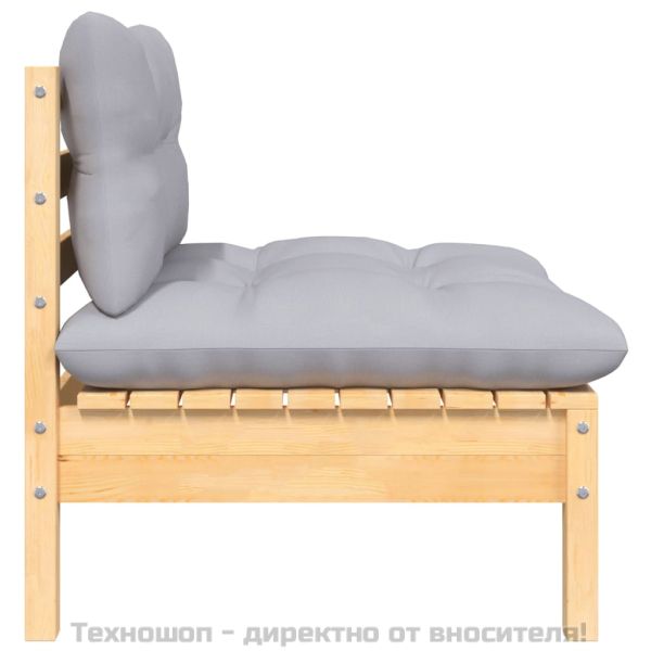 Градински среден диван със сиви възглавници, бор масив