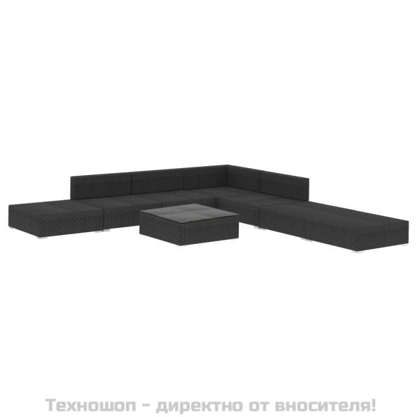 Градински комплект с възглавници, 8 части, полиратан, черен