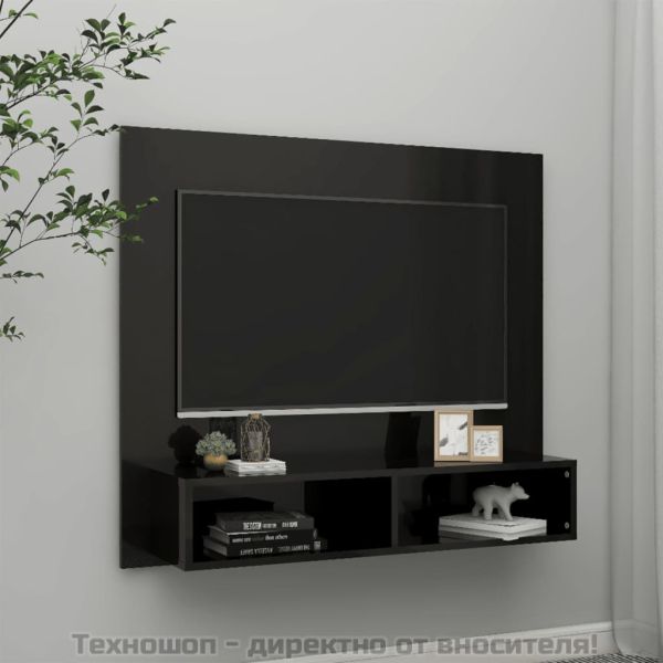 Стенен ТВ шкаф, черен гланц, 102x23,5x90 см, инженерно дърво