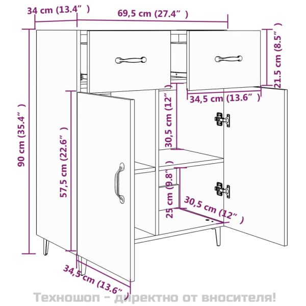 Сайдборд, бетонно сив, 69,5x34x90 см, инженерно дърво