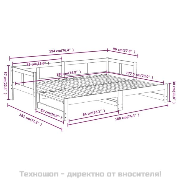 Разтегателна кушетка, черна, борово дърво масив, 2x(90x190) см