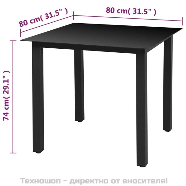 Градинска маса, черна, 80x80x74 см, алуминий и стъкло