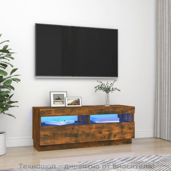 ТВ шкаф с LED осветление, опушен дъб, 100x35x40 см