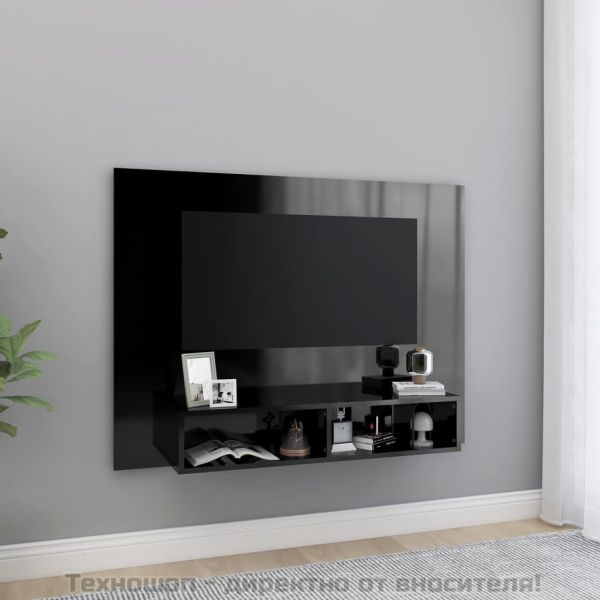 Стенен ТВ шкаф, черен гланц, 120x23,5x90 см, инженерно дърво