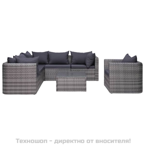 Градински комплект с възглавници, 7 части, полиратан, сив