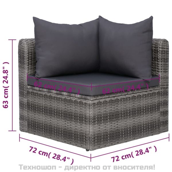 Градински комплект с възглавници, 7 части, полиратан, сив