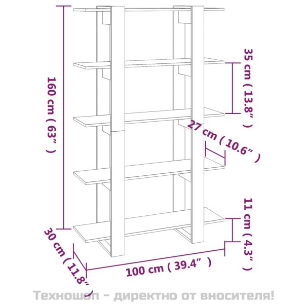 Библиотека/разделител за стая, бял гланц, 100x30x160 см