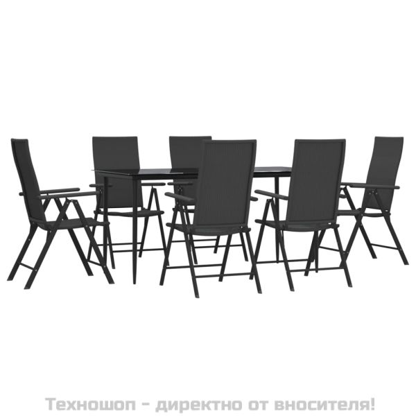 Градински трапезен комплект от 7 части, черно, полиратан